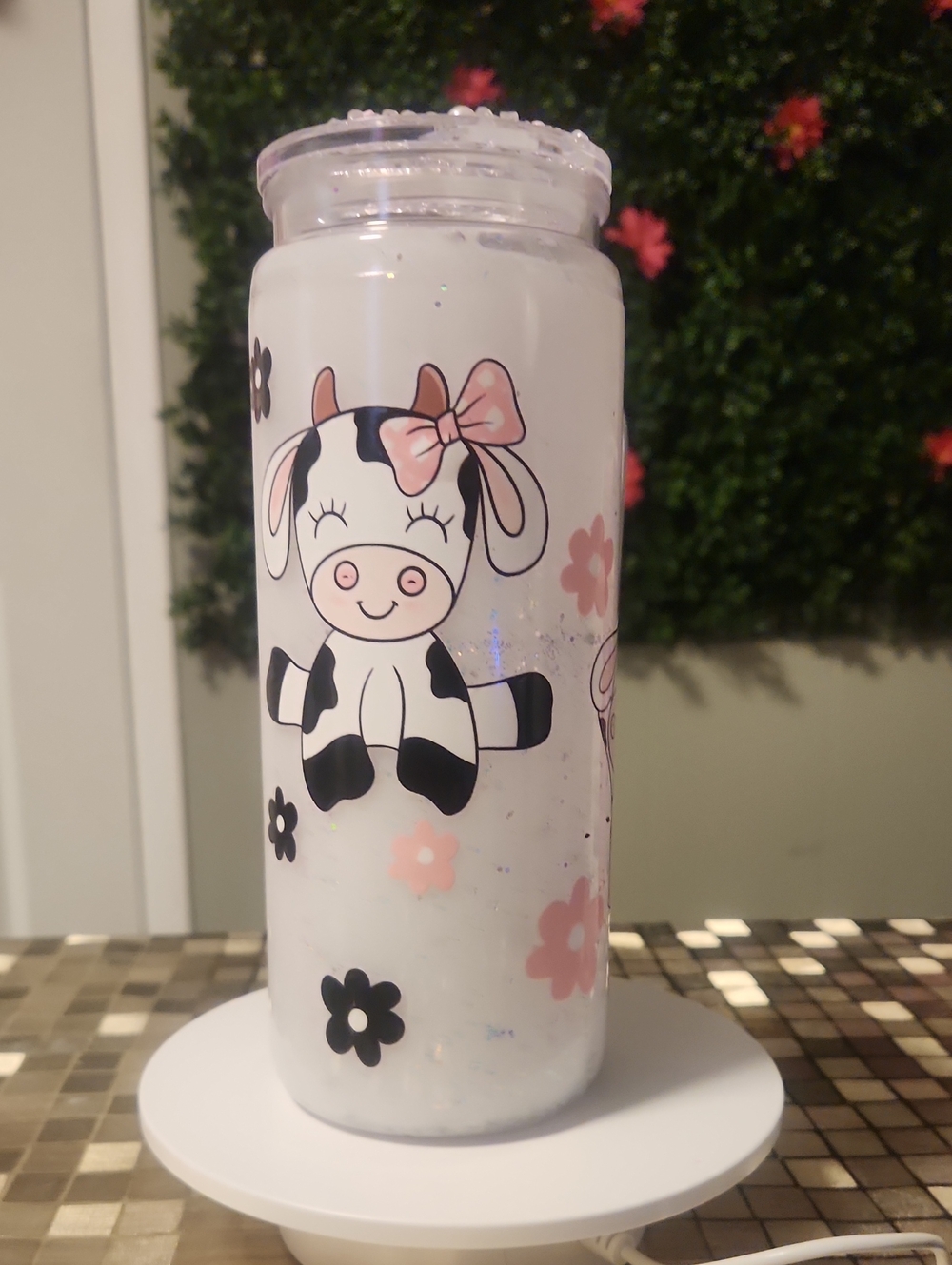 Cute Cow Glitter Tumbler - White & Pink